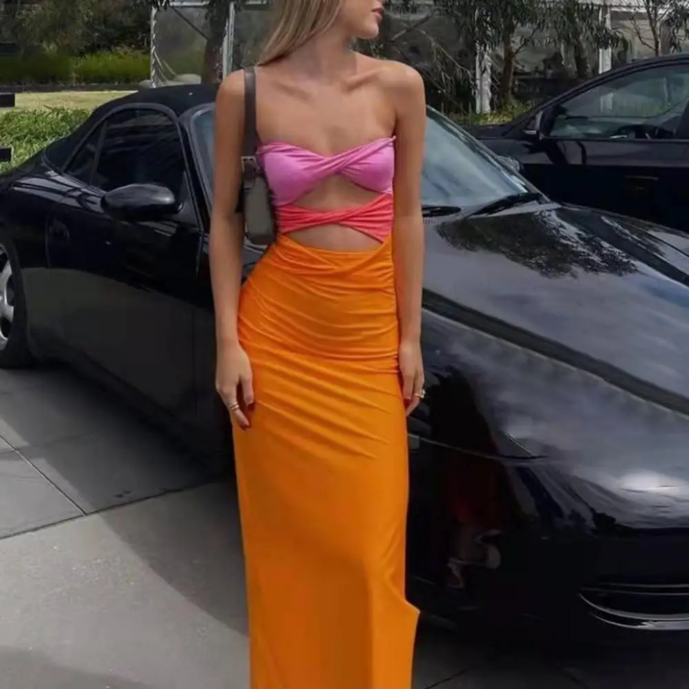 

Summer Dress Patchwork Sexy Hollow Out Midi Dress Women Beach Strapless Sleeveless Backless Bodycon Dresses Party Streetwear