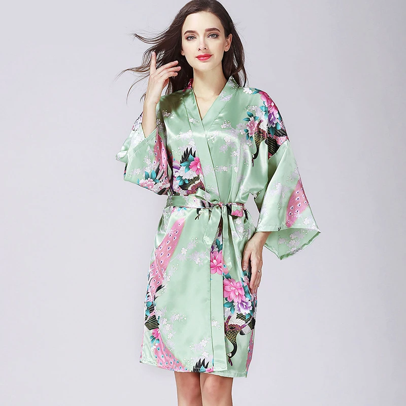 2022 Spring Summer New Ladies Silk Satin Thin Robes Kinomo Style Floral Printed Sleepwear Sexy Nightgown Femme Satin Homewear