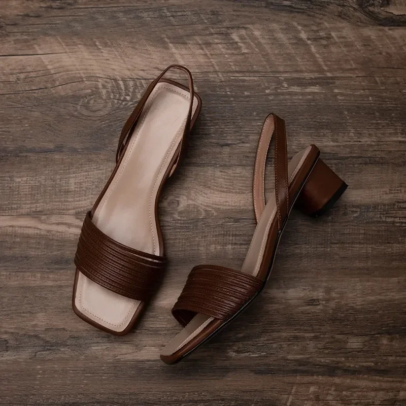 

Сандалии женские кожаные ручной работы, Босоножки с открытым носком, квадратный каблук, ремешок, классические туфли, пикантные