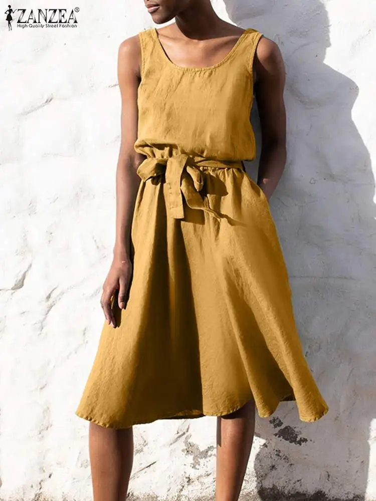 

ZANZEA Summer Sleeveless Sundress Women Elegant Solid Knee-length Dress Loose Vestido Beach Sarafans Bleted OL Work Robe Femme