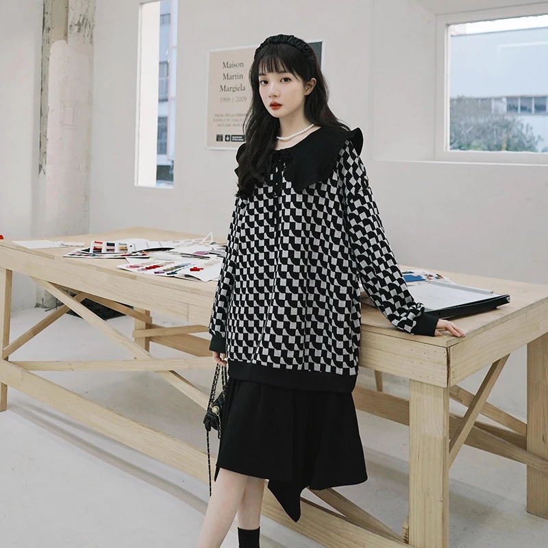 

Женское клетчатое платье макси с длинным рукавом, Элегантное повседневное Свободное платье с большими лацканами, модель 2023 в Корейском стиле на весну, 6070