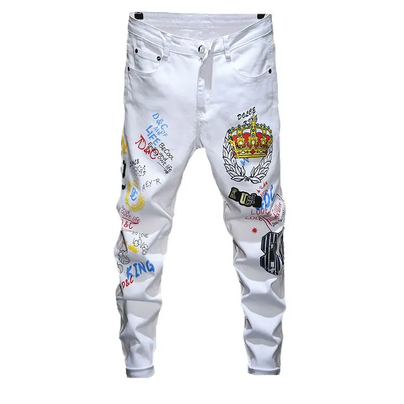 Индивидуальные модные белые джинсы мужская мода горячее тиснение Цветочная