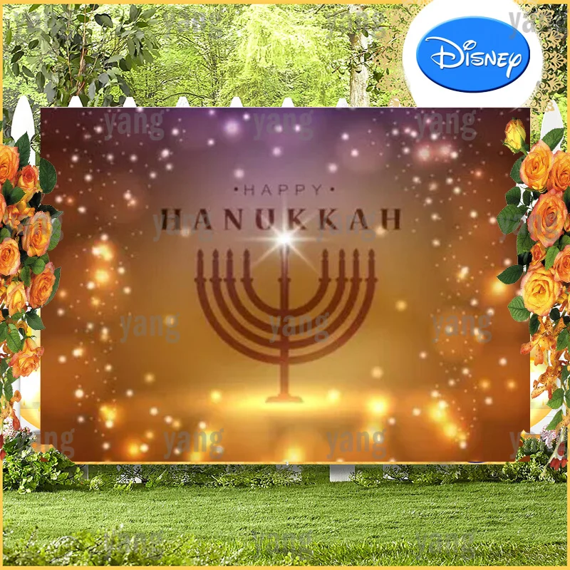 Custom Lights Happy Hanukkah Warm Yellow Background  Jewish Party Colorful Candle Cartoon Bedroom Decor Decoration Backdrop Wall