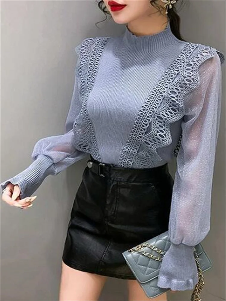 

New Knit Sweater Fashion Women’s Pullover Mesh Lantern Sleeves Stitching Sweater Autumn Women Clothes Thin Hook Flower Sweater