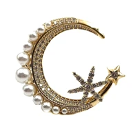 glitter gold tone imitated white pearl accent burst star crescent moon brooch pin for unisex vest sweater jackets bag accessory