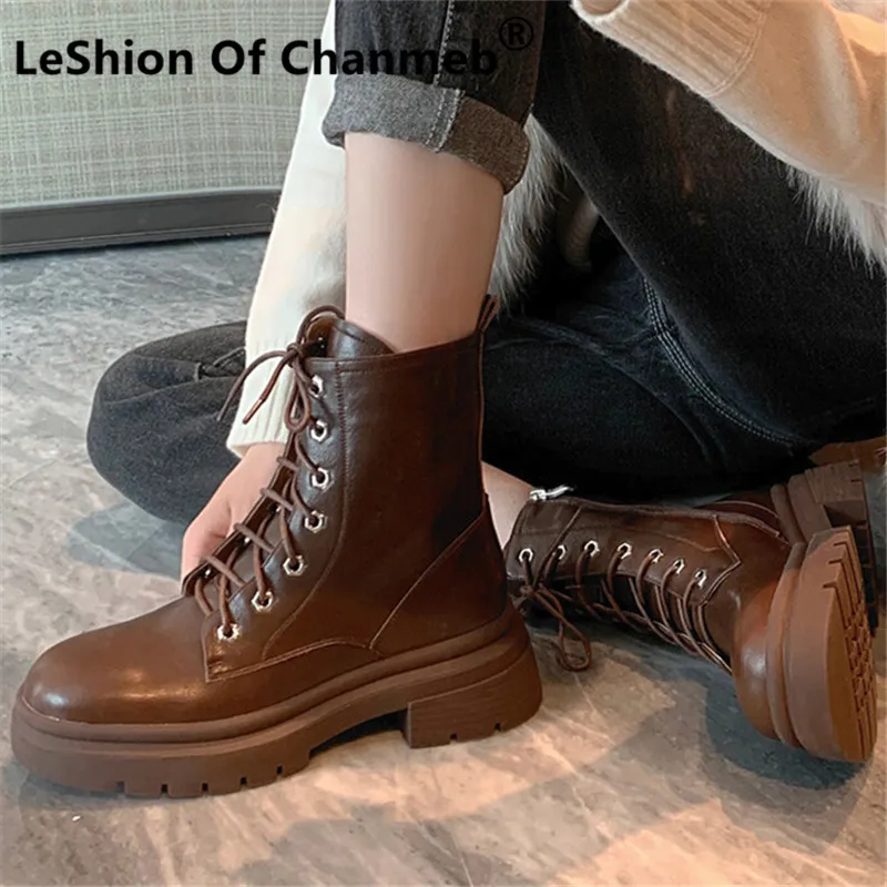 

LeShion Of Chanmeb Genuine Leather Martins Boots Women Lace-up Block Heels Platform Combat Military Boot Burgundy Size 42 Winter