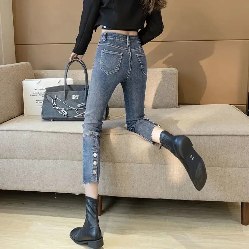 

2022 Spring Women Slim High Waist Jeans Female Leisure Pants Elastic Casual Denim Streetwear Fashion Straight Trousers S27