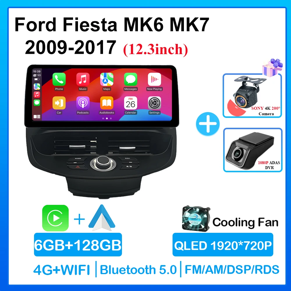 

12,3-дюймовый автомобильный радиоприемник для Ford Fiesta MK6 MK7 2009-2016 LHD RHD Android 16, мультимедийный видеоплеер, GPS, беспроводной Android Carplay