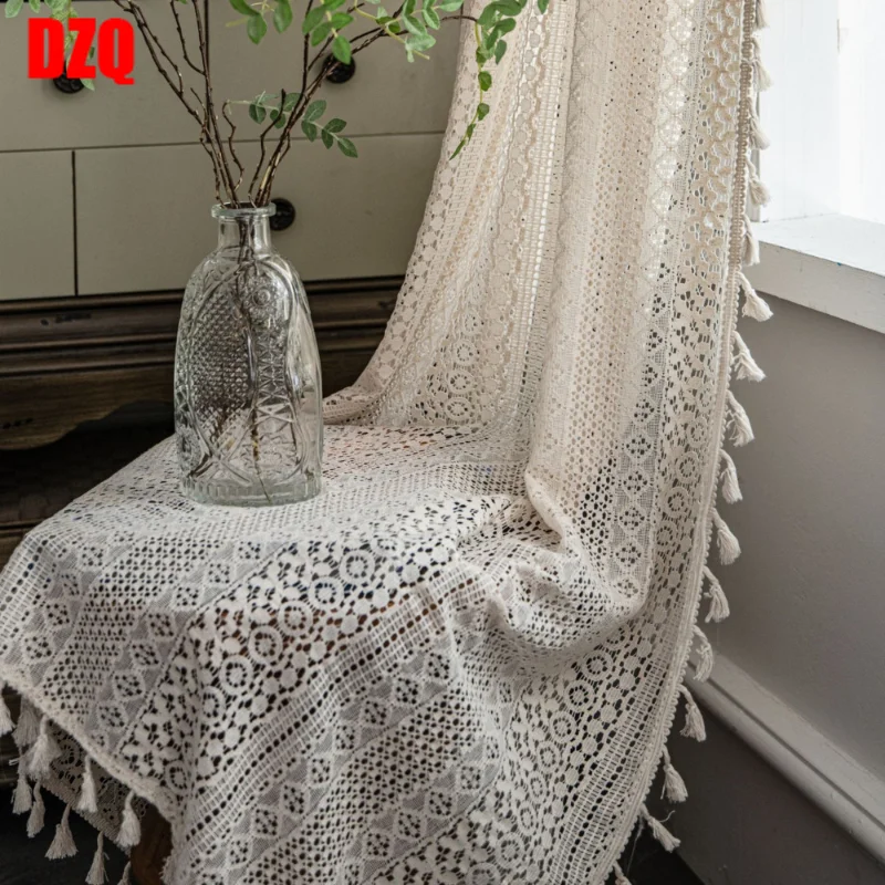 

Kitchen Curtains Translucent Tulle for Living Room Dining Bedroom Boho Chic Knitted Window Crochet HollowOut Lace Sheer Door