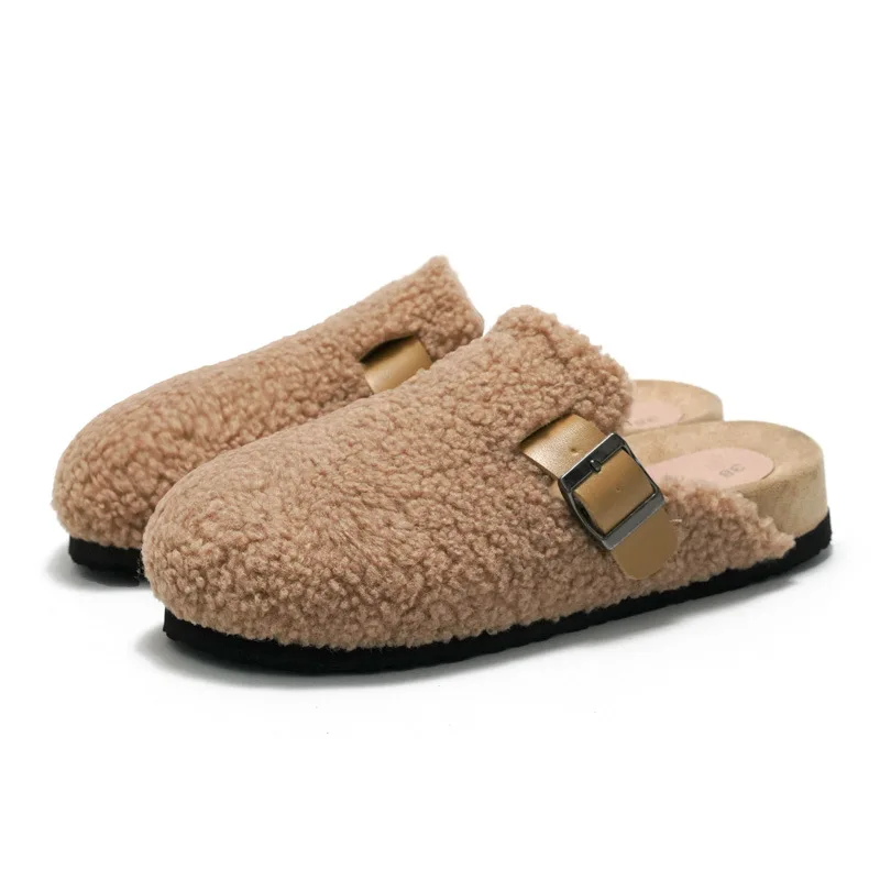 Women Slippers Winter Belt Buckle Fleeces Cork Slippers Non-slip Casual Home Slippers Warm Plush Fur Cotton Shoes 36-41 Apricot