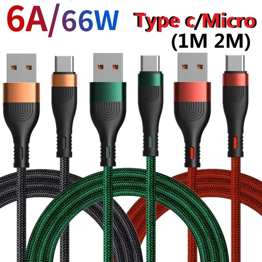 

200pcs/lot 66W 6A Super Fast Charging Type C Micro Usb Cable 1M 2m For Samsung s21 s22 htc lg xiaomi huawei P30 P40