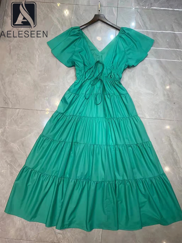 

AELESEEN Fashion Runway 2022 Summer Long Dresses Women Green Orange Flying Sleeve Ruffles Deep V-Neck Solid Party Vacation