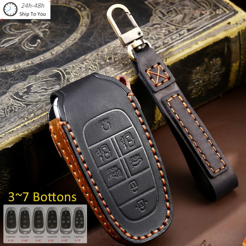 

3/4/5/6/7 Bottons Leather Car Key Case Fob Cover Bag Keychain for Hyundai Santa Fe Tucson 2022 NEXO NX4 Atos Solaris Prime 2021