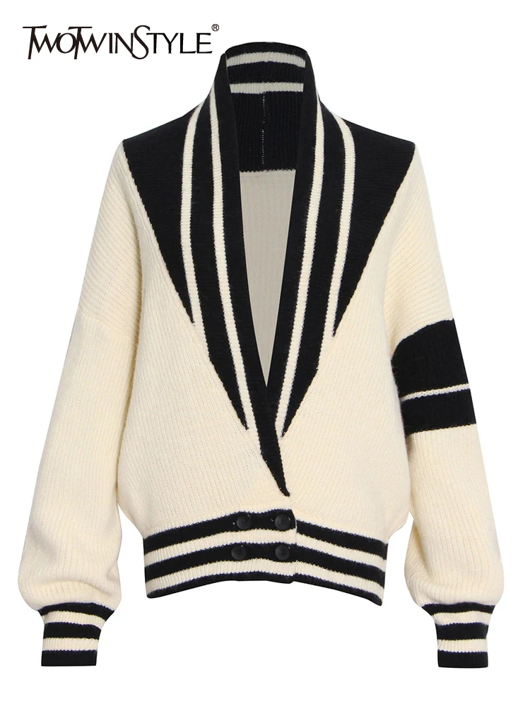

TWOTWINSTYLE Patchwork Striped Knitting Cardigan For Women V Neck Long Sleeve Hit Color Loose Sweaters Female 2022 Clothing New