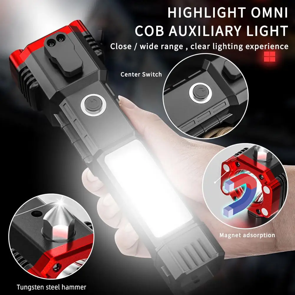 

2022 LED Flashlight USB Rechargeable Torch Light With Hammer Knife Power Bank Cob Led Work Light For Outdoor Camping Emergency