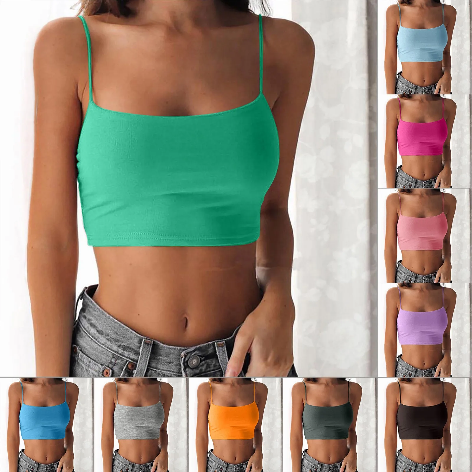

Модные майки на бретелях-спагетти, Женские однотонные укороченные топы, летняя уличная одежда, повседневная женская сексуальная тонкая юбк...