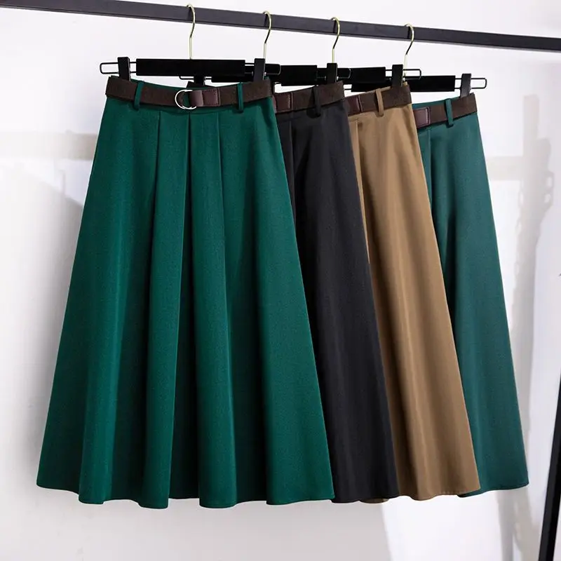 

Autumn Woman Mid-long Skirts with Belt High Waist Elegant Skirt Female New A-line Chic Umbrella Skirt Pleated Casual Skirts G14