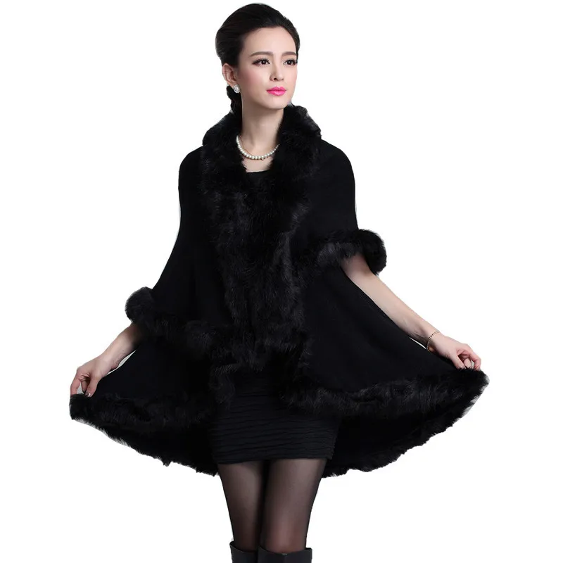 Autumn and winter new fur coat women's cape knitted sweater faux fur shawl
