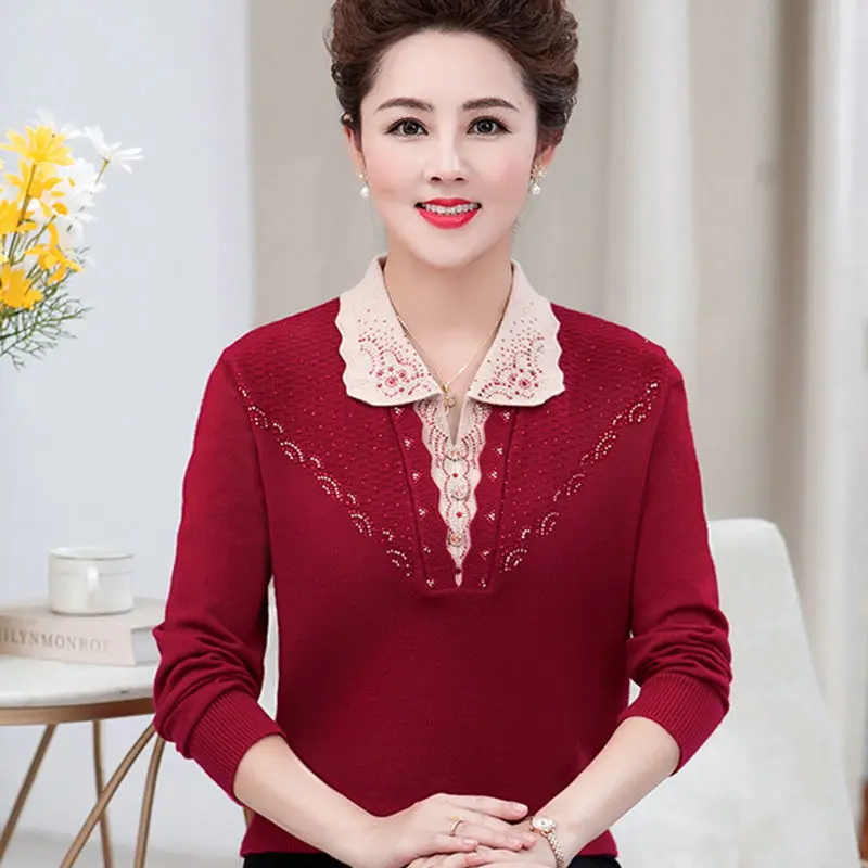 

Spring Women's Fashion Lapel Sweater Long-Sleeved Casual Loose Middle-aged Knitted Pullovers Female Knitwear Tops Jumper E550