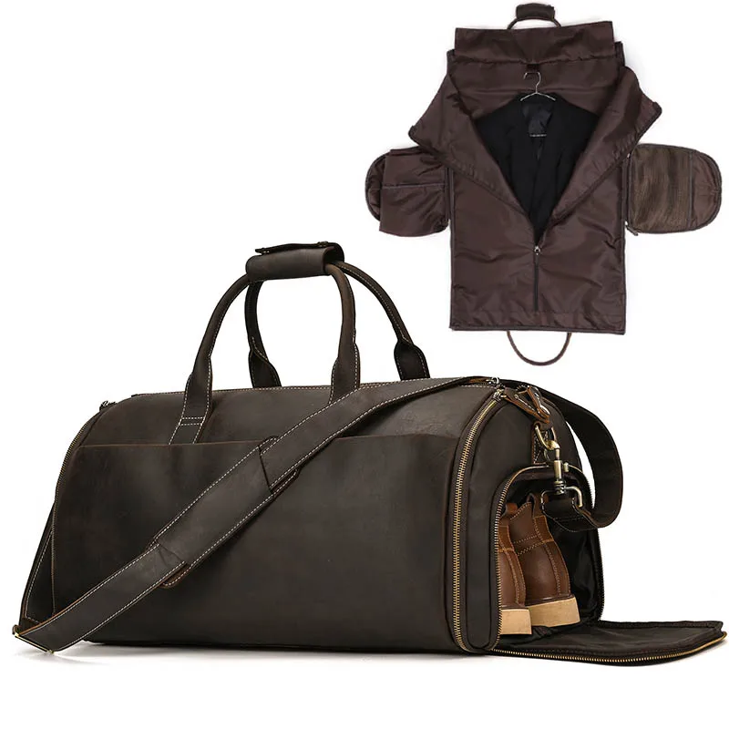 

Luufan Crazy Horse Leather Man Folding Suit Bag Business Travel Bag With Shoe Pocket Cowhide Cover Luggage Duffel Bag For Suits