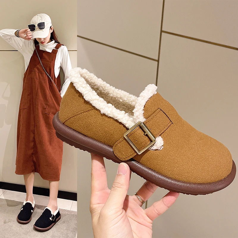 

Корейская версия 2023, искусственная кожа с круглым носком, толстая подошва, пряжка с одной линией, хлопковая обувь для женщин, обувь на плоской подошве
