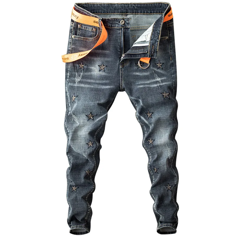 Europe and The United States New Embroidery Worn Holes Slim Skinny Jeans Trendy Men Casual Trousers Fashion Streetwear Softener