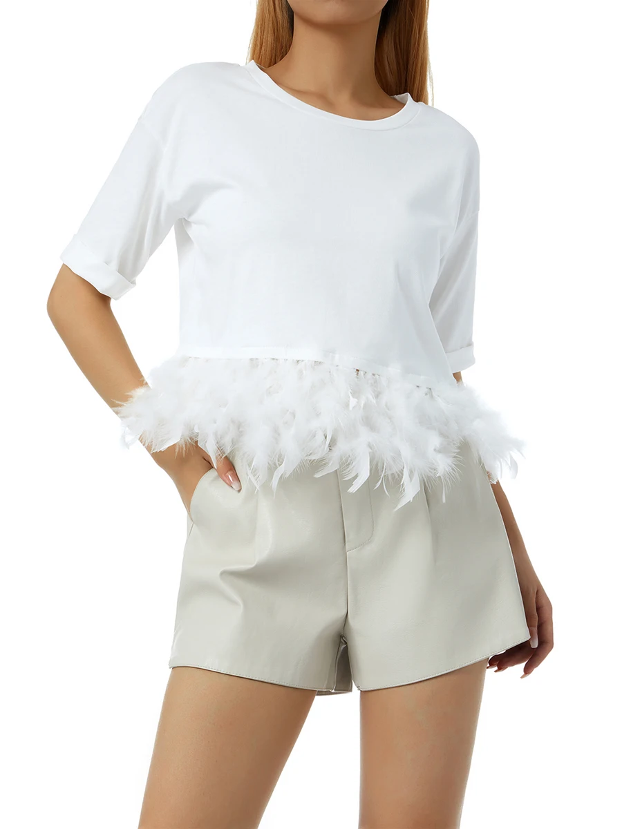 

Ladies Summer Autumn Short Tops Women Leisure Style Solid Color Feathers Splicing Hem Round Collar Short Sleeve Slim T-shirt