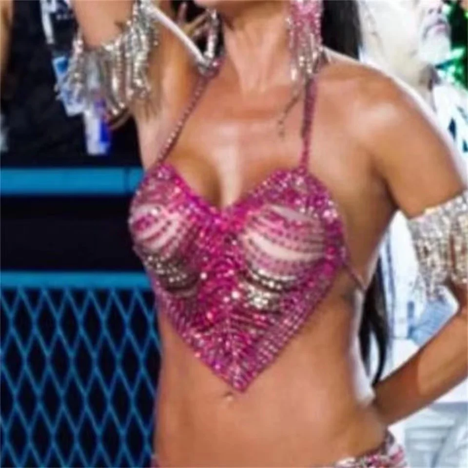 

Fashion women shiny crystal bikini hollow out underwear Body chain bra chain sexy Rhinestone Heart body jewelry bra accessories