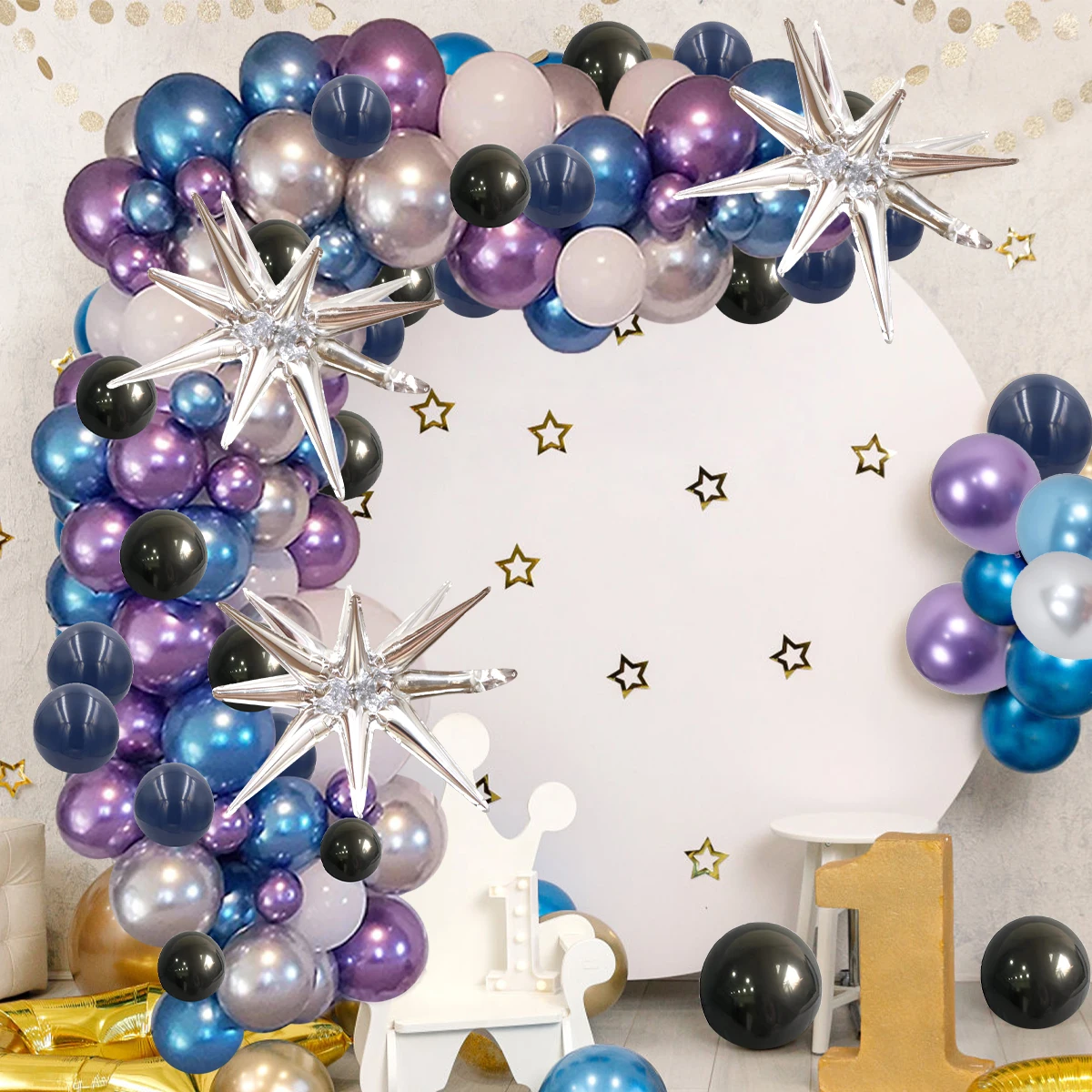 

Balloon Garland Arch Kit Latex Galaxy Balloons Set Reusable Conical Foil Balloons Kit with Balloon Strip Ribbon Hook Straw for