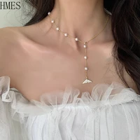 hmes korean fashion mermaid tail charm necklace women pendant pearl necklace inlaid premium shiny zircon pendant chain gifts