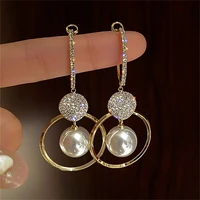 exquisite shining rhinestone pearl earrings for women geometric tassel imitation pearl drop earring korean style wedding jewelry