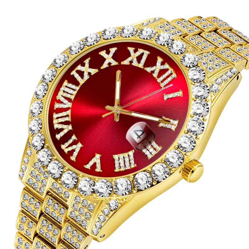 Bling Brand Men Watch Luxury Set Full Ice Out Siliver Bracelet Watches Fashion Red Dial Hip Hop Diamont Wristwatch Jewelry Gifts