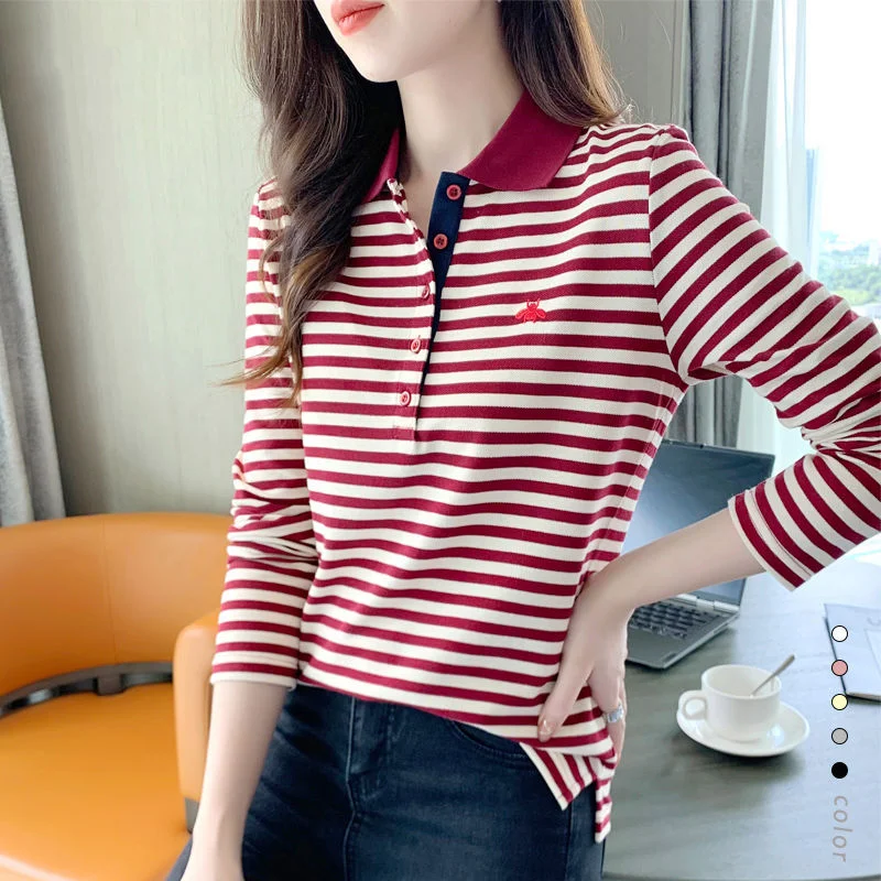 

2023 New Spring and Autumn Fashion Slim and Light Mature Polo Neck Long Sleeve Temperament Commuter Women's Stripe Casual Top