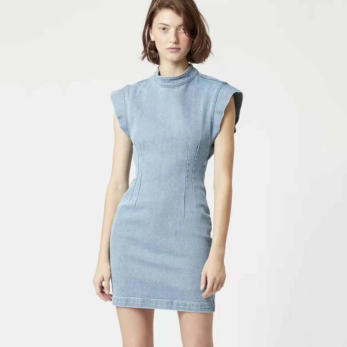 

2022NEW spring and summer niche high street fashion design sleeveless shoulder pad sexy hollow slim blue denim dress women