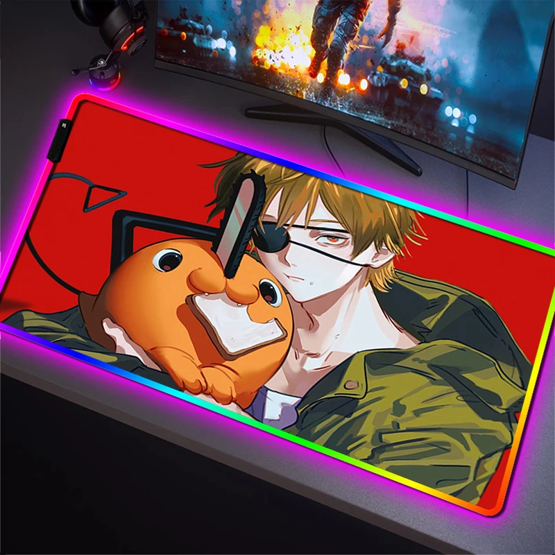 

Chainsaw Man Mousepad Gamer Keyboard Pad LED RGB Mouse Pads Backlight Desk Protector Pc Accessories Gaming Mats Mat Mause Large