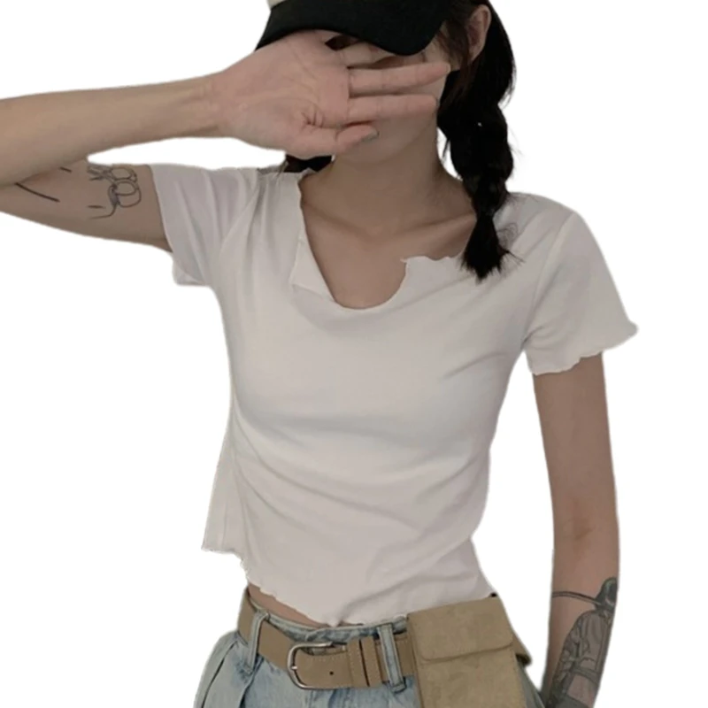 

Women Summer Short Sleeve Casual Slim Fitted Crop Top Sexy Low Cut Notched V-Neck Collarbone T-Shirts Basic Plain Solid Color