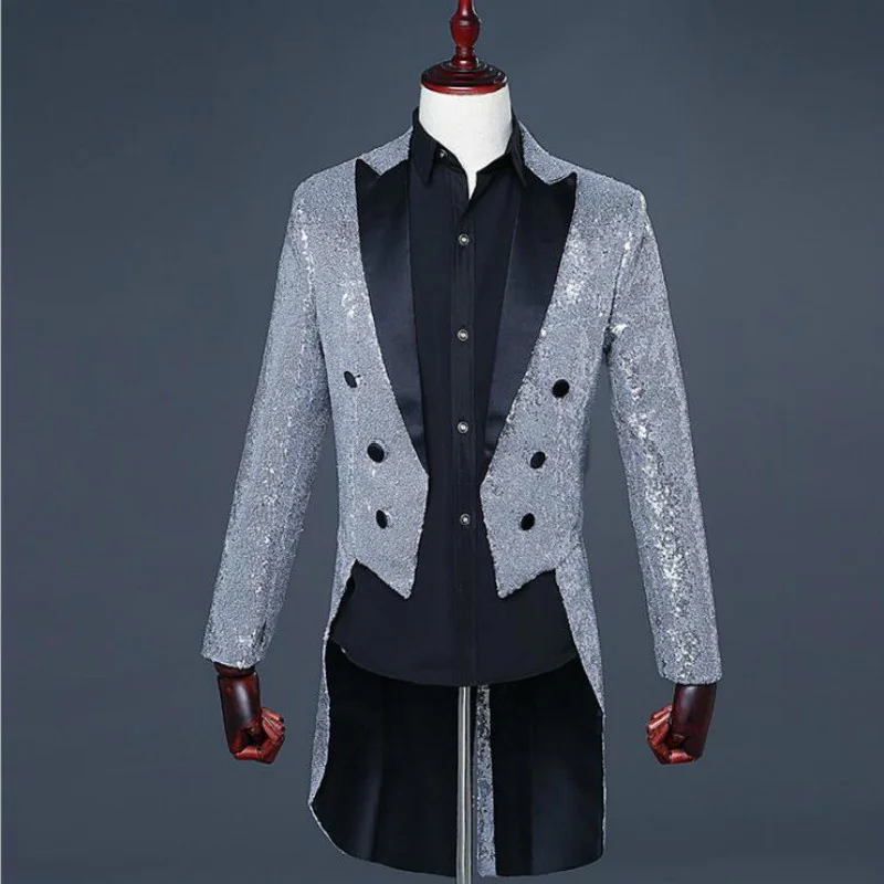 

2022 New Plus Size Mens Classic 5 Color Sequin Dress jacket Lapel Tail Coat Tuxedo Wedding Groom Stage Singer Men Blazers Suit