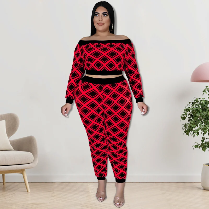Plus Size Women's Two-piece Sets Fashion Print Long-sleeved Tops With Pants Set Casual Large Size Female T-shirt Trousers Outfit