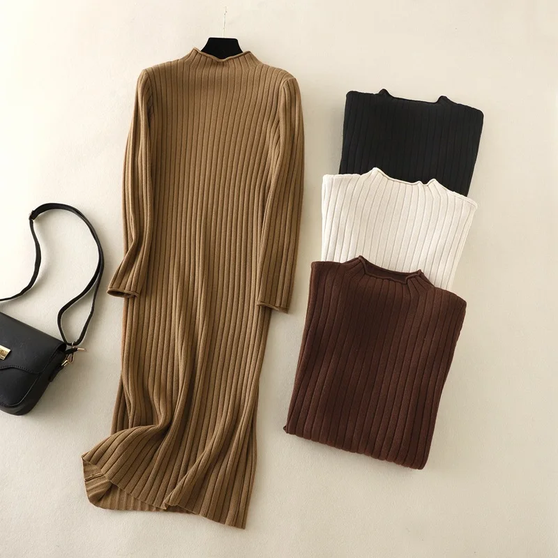 

Pure color thick dress warm autumn winter 2022 straight sweater dress women loose Mock neck sweater midi female knitted dress