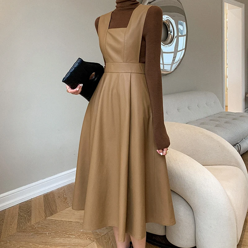 Платье женское из натуральной кожи во французском стиле Хепберн модная