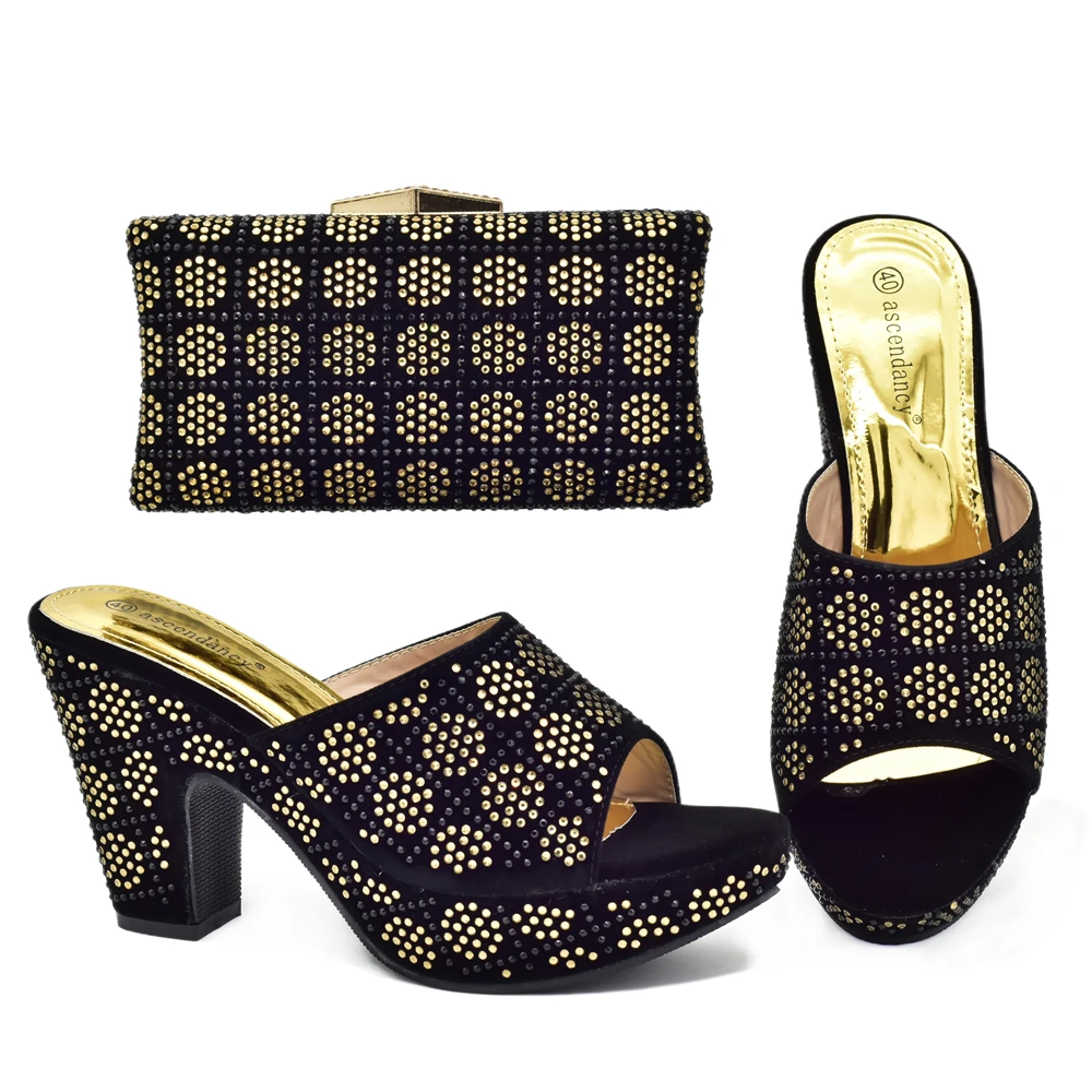 

African Hot Selling Italian Design Fashion Special Colorful Crystal Mixing Metal Style Women Shoes and Bag Set in Golden Color