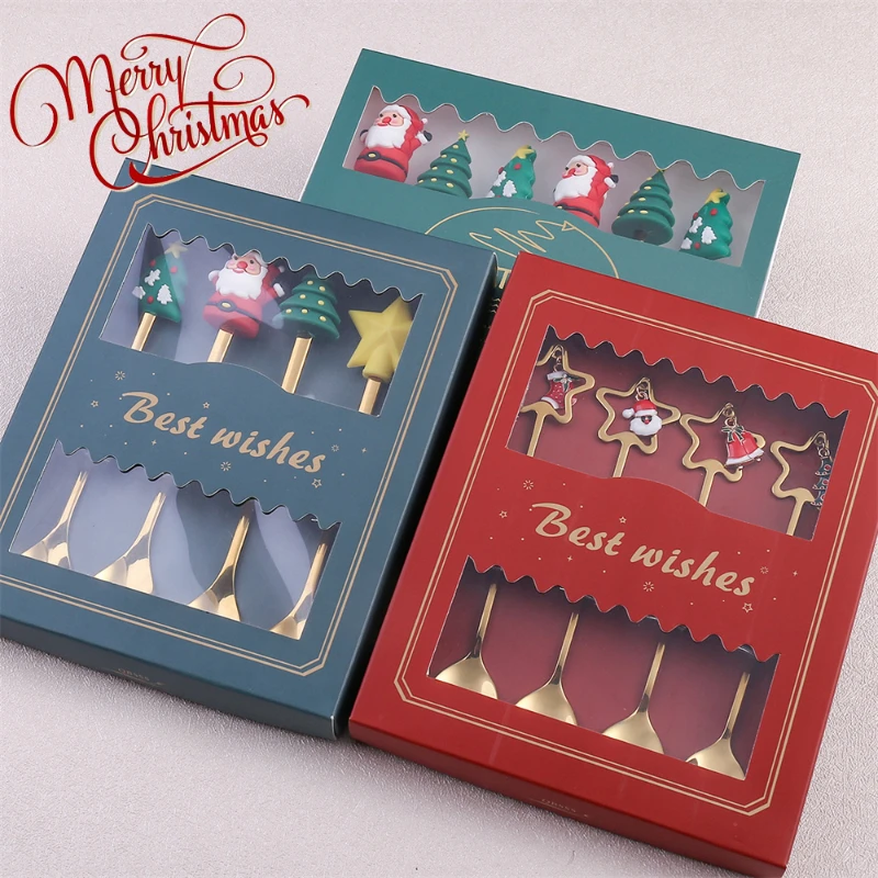 

Stainless Steel Christmas Gift Fork Spoon Cutlery Set 4 Pieces Christmas Tree Old Man Moose Dessert Coffee Spoon Fruit Fork Set