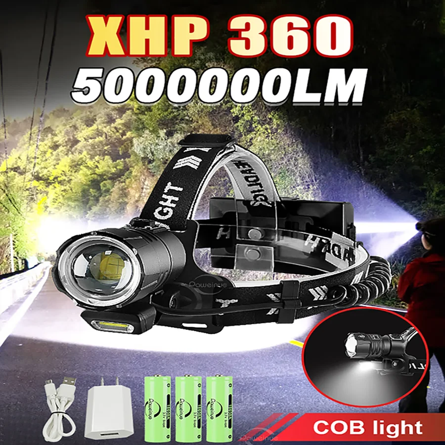 

Super XHP360 Powerful LED Headlamp USB Rechargeable Headlight High Power XHP199 Head Flashlight 18650 Waterproof Fishing Lantern