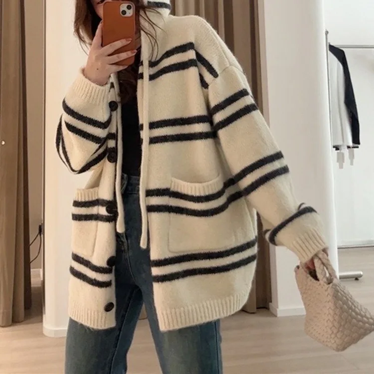 

Hooded Striped Y2k Kintted Sweater Women Loose Cardigan Crochet Top E-girl Pullovers Spring Autumn Winter Jumper Sueter Jumpers