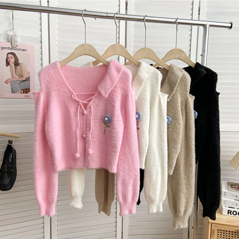 

Knit Sweater Korean Style Women Asymmetrical V-Neck Fluffy Lace Sweaters Y2K Short Pullover Female Casual Clothes Dropshipping
