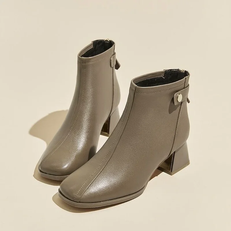 

New Ankle Boots Women Pointed Toe Thick Heels Genuine Leather Shoes Short Boots Soft Sole Footwear Platform Boots Platform Shoes