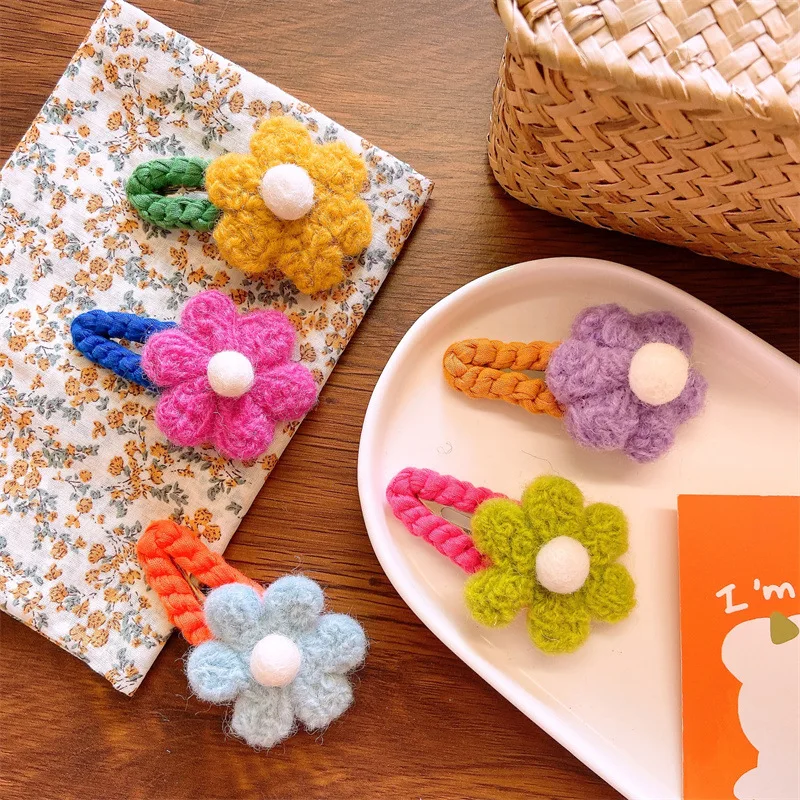 

New 8cm Long Vintage Wool Flower Hair Clips for Cute Girls BB Handmade Hairpins Barrettes Headwear Fashion Kids Hair Accessories