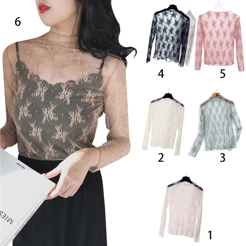 Womens blouses Summer Spring transparent Feminina Mesh Basic Long Sleeve top Mock Neck Solid Color Embroidered Floral Lace