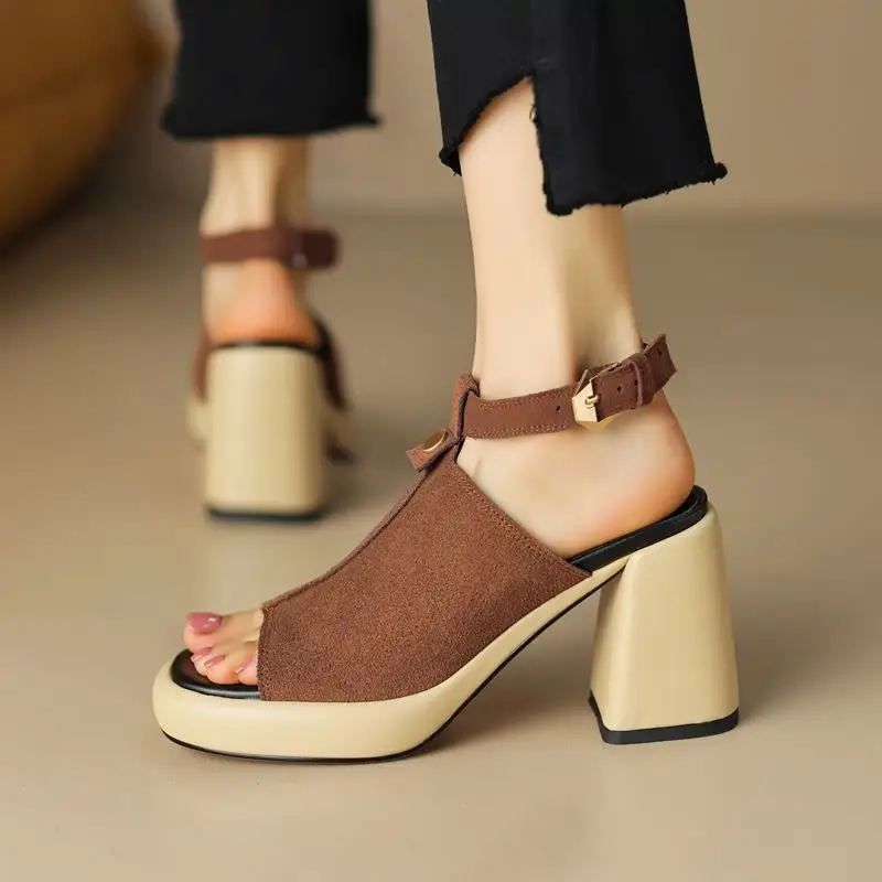 

Босоножки из натуральной кожи на высоком каблуке с открытым носком, модные летние водонепроницаемые Босоножки на каблуке