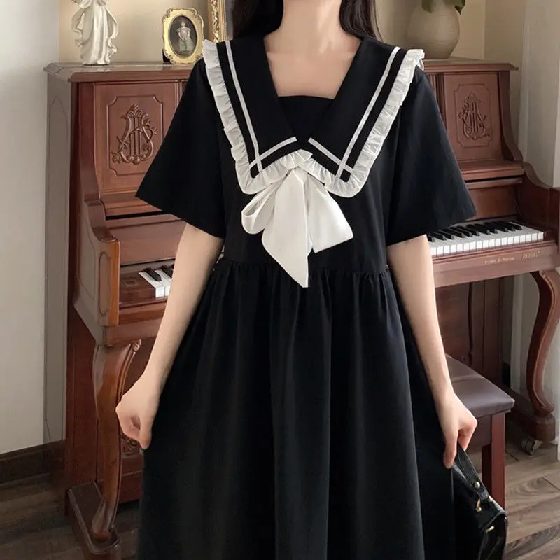 Black Versatile Naval Leader Splicing Ruffles Short Sleeve A-line Summer Retro Preppy Style Bow Bandage Plus Size Midi Dresses
